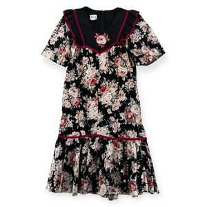 Vintage RM Muumuu Dress Womens 10 Hawaiian Black Floral Midi Ruffle Aloha USA